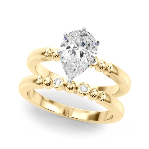 Yellow gold Pear Solitaire Beaded Band with Four-Prong Setting
