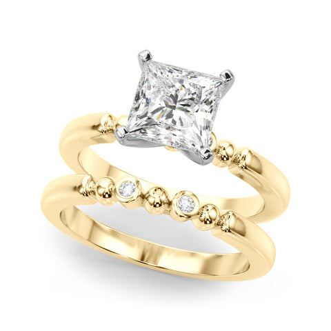 Yellow gold Princess Solitaire Beaded Band with Four-Prong Setting