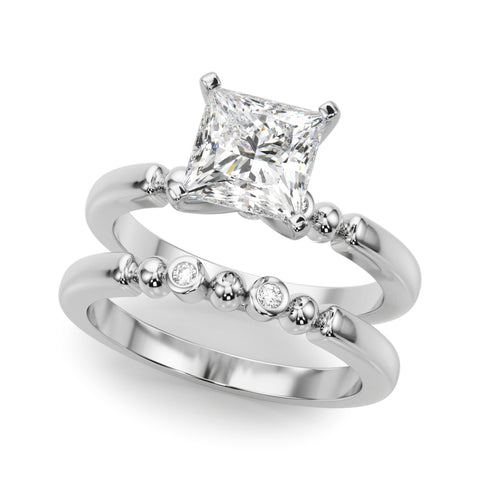 White gold Princess Solitaire Beaded Band with Four-Prong Setting