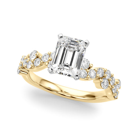 Yellow gold Emerald Cut Solitaire Diamond Twisted Band with Pave Setting