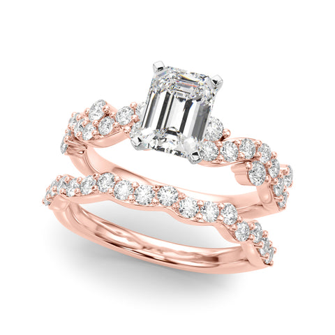 Rose gold Emerald Cut Solitaire Diamond Twisted Band with Pave Setting