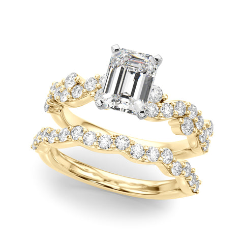 Yellow gold Emerald Cut Solitaire Diamond Twisted Band with Pave Setting