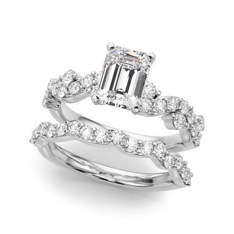 White gold Emerald Cut Solitaire Diamond Twisted Band with Pave Setting