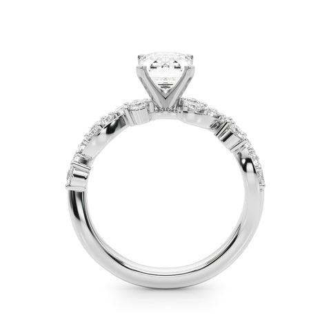 White gold Emerald Cut Solitaire Diamond Twisted Band with Pave Setting