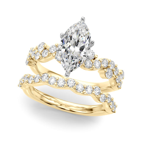 Yellow gold Marquise Cut Solitaire Diamond Twisted Band with Pave Setting