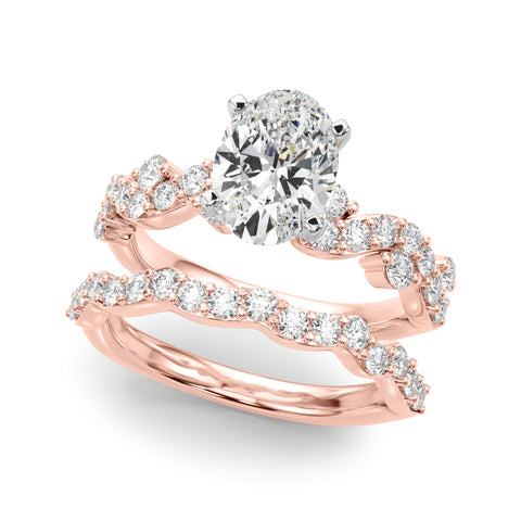 Rose gold Oval Cut Solitaire Diamond Twisted Band with Pave Setting