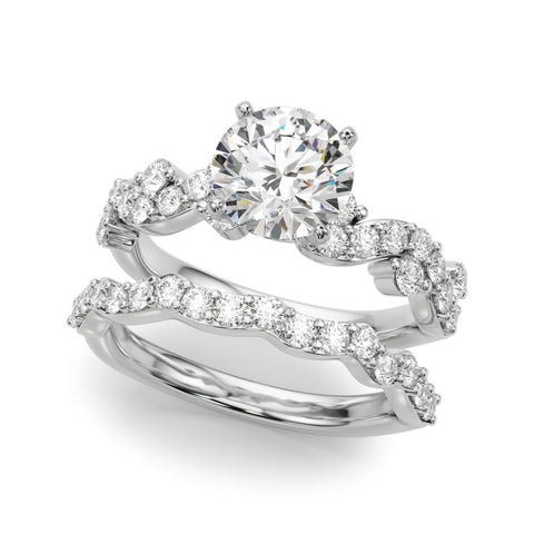 White gold Round Cut Solitaire Diamond Twisted Band with Pave Setting