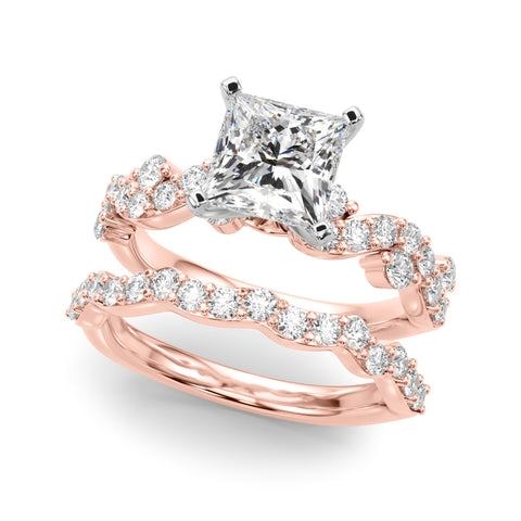 Rose gold Princess Cut Solitaire Diamond Twisted Band with Pave Setting