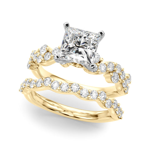 Yellow gold Princess Cut Solitaire Diamond Twisted Band with Pave Setting