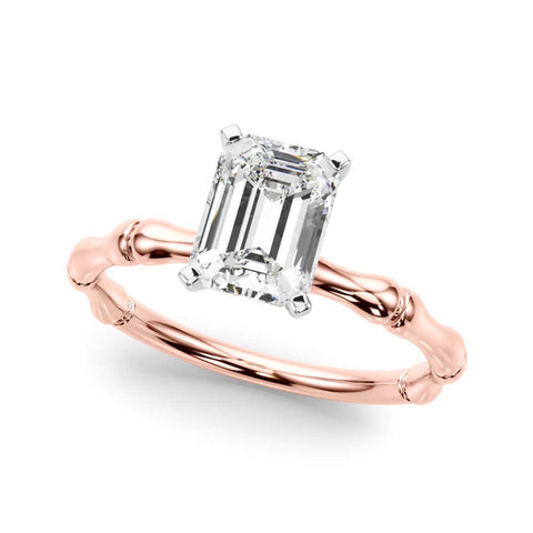 Rose gold Emerald Solitaire Diamond Ring with Bamboo Band and Four-Prong Setting