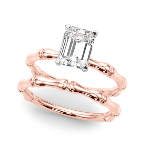 Rose gold Emerald Solitaire Diamond Ring with Bamboo Band and Four-Prong Setting