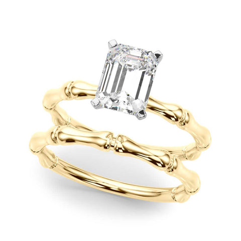 Yellow gold Emerald Solitaire Diamond Ring with Bamboo Band and Four-Prong Setting