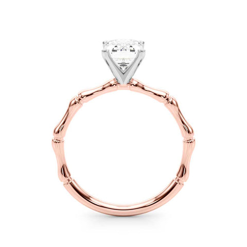 Rose gold Emerald Solitaire Diamond Ring with Bamboo Band and Four-Prong Setting