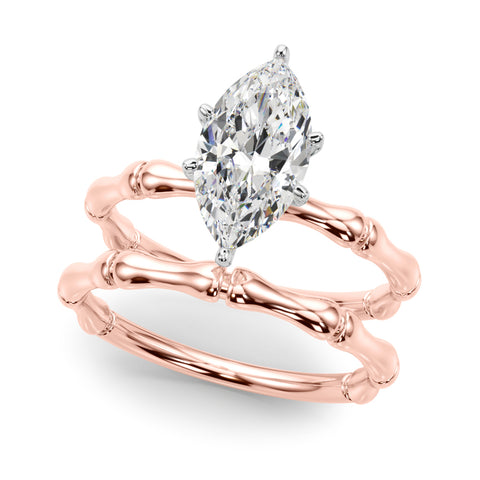 Rose gold Marquise Solitaire Diamond Ring with Bamboo Band and Four-Prong Setting