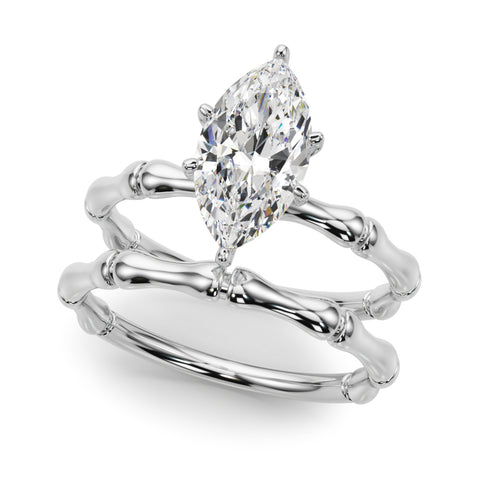 White gold Marquise Solitaire Diamond Ring with Bamboo Band and Four-Prong Setting