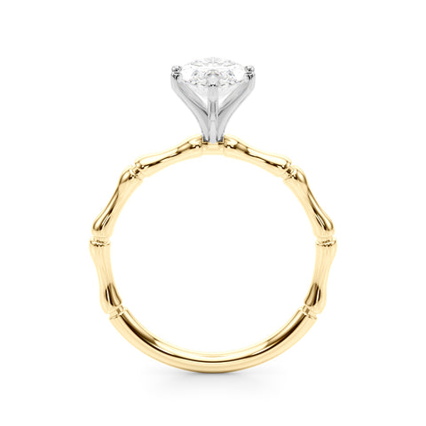 Yellow gold Marquise Solitaire Diamond Ring with Bamboo Band and Four-Prong Setting