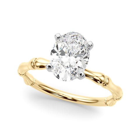 Yellow gold Oval Solitaire Diamond Ring with Bamboo Band and Four-Prong Setting