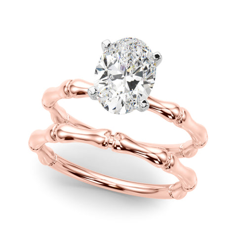 Rose gold Oval Solitaire Diamond Ring with Bamboo Band and Four-Prong Setting