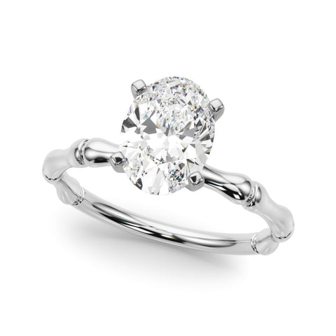 White gold Oval Solitaire Diamond Ring with Bamboo Band and Four-Prong Setting