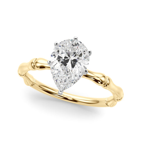 Yellow gold Pear Solitaire Diamond Ring with Bamboo Band and Four-Prong Setting