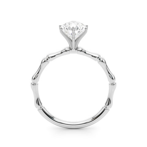 White gold Pear Solitaire Diamond Ring with Bamboo Band and Four-Prong Setting