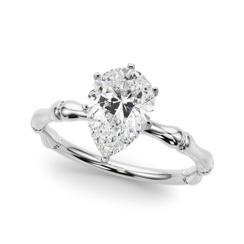 White gold Pear Solitaire Diamond Ring with Bamboo Band and Four-Prong Setting