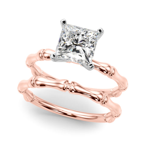 Rose gold Princess Solitaire Diamond Ring with Bamboo Band and Four-Prong Setting