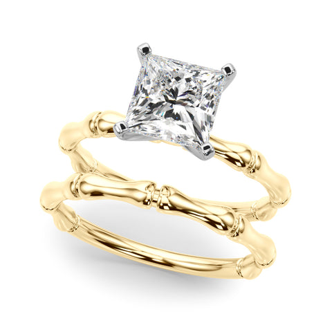 Yellow gold Princess Solitaire Diamond Ring with Bamboo Band and Four-Prong Setting