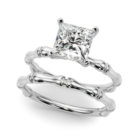 White gold Princess Solitaire Diamond Ring with Bamboo Band and Four-Prong Setting