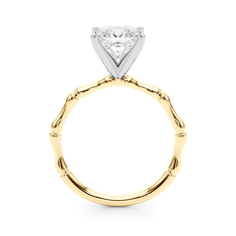 Yellow gold Princess Solitaire Diamond Ring with Bamboo Band and Four-Prong Setting