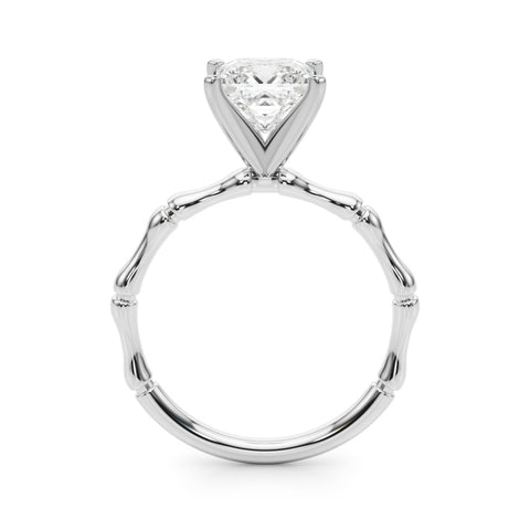 White gold Princess Solitaire Diamond Ring with Bamboo Band and Four-Prong Setting