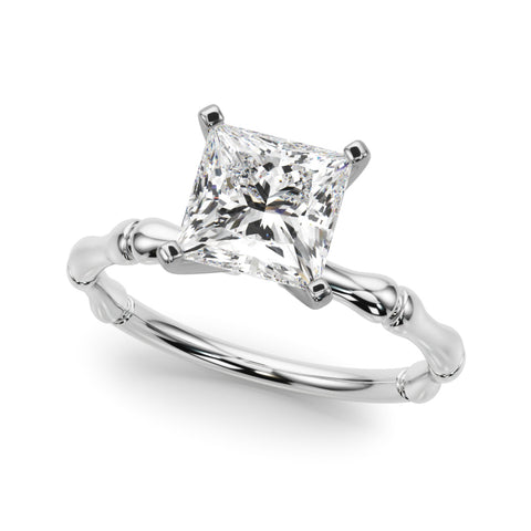 White gold Princess Solitaire Diamond Ring with Bamboo Band and Four-Prong Setting