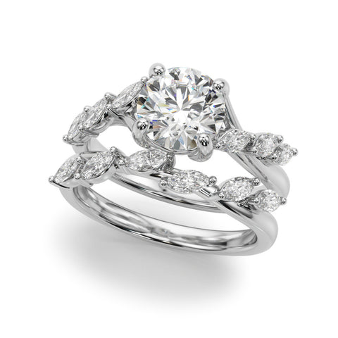 Platinum Round Solitaire Diamond Ring with Marquise Side Stones and Prong Setting on a Split Shank Band