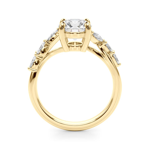 Yellow gold Round Solitaire Diamond Ring with Marquise Side Stones and Prong Setting on a Split Shank Band