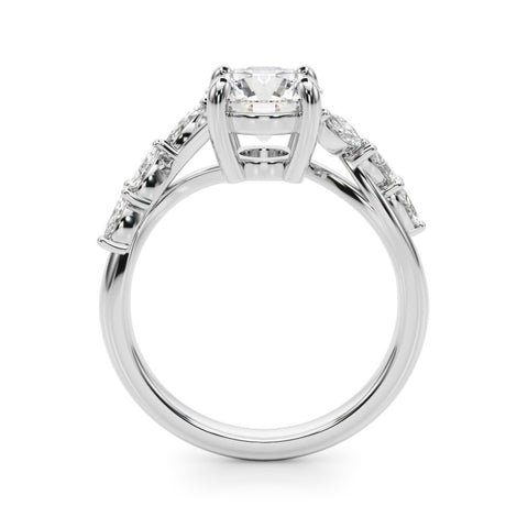 Platinum Round Solitaire Diamond Ring with Marquise Side Stones and Prong Setting on a Split Shank Band