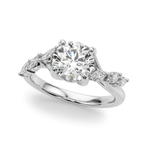 Platinum Round Solitaire Diamond Ring with Marquise Side Stones and Prong Setting on a Split Shank Band