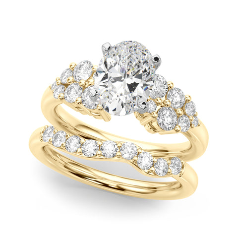 Yellow gold Oval Cluster Diamond Engagement Ring with Pavé Band and Four-Prong Setting