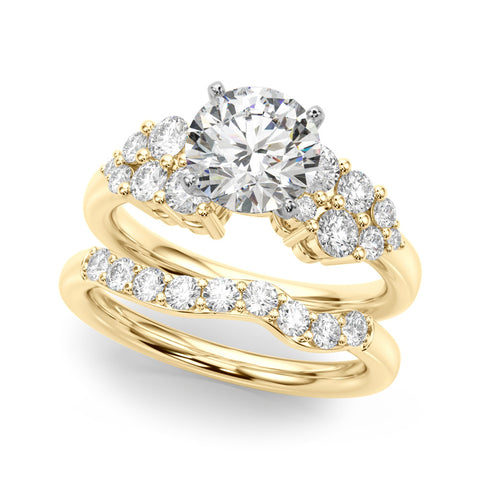 Yellow gold Round Cluster Diamond Engagement Ring with Pavé Band and Four-Prong Setting