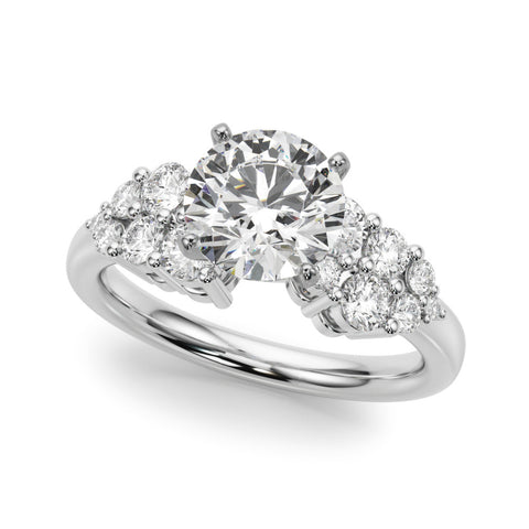 White gold Round Cluster Diamond Engagement Ring with Pavé Band and Four-Prong Setting