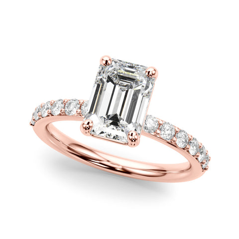 Rose gold Emerald Cut Diamond Solitaire with Pave Band and Four-Prong Setting