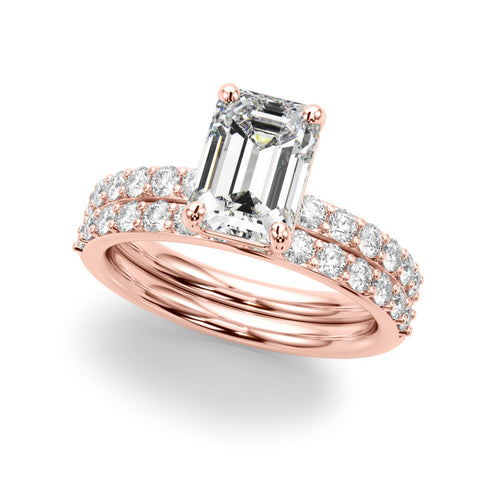 Rose gold Emerald Cut Diamond Solitaire with Pave Band and Four-Prong Setting