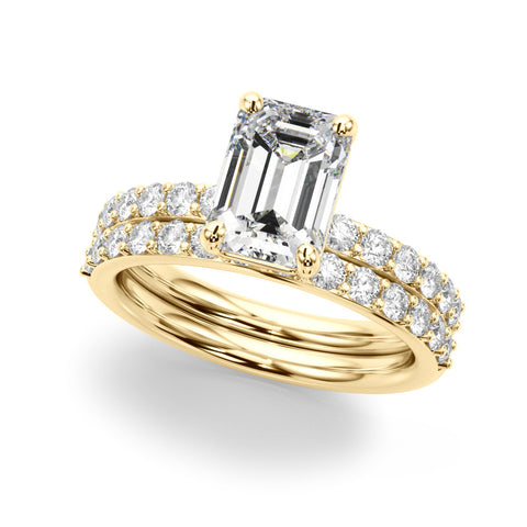 Yellow gold Emerald Cut Diamond Solitaire with Pave Band and Four-Prong Setting