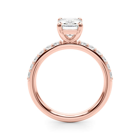 Rose gold Emerald Cut Diamond Solitaire with Pave Band and Four-Prong Setting
