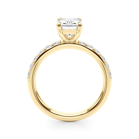 Yellow gold Emerald Cut Diamond Solitaire with Pave Band and Four-Prong Setting