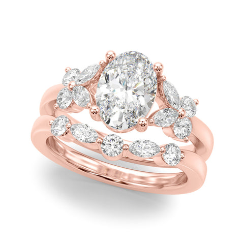 Rose gold Round Diamond Floral Cluster Ring with Solitaire Band and Prong Setting