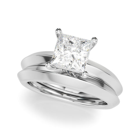 White gold Princess Diamond Floral Cluster Ring with Solitaire Band and Prong Setting