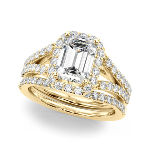 Yellow gold Radiant-Cut Halo Split Shank Diamond Ring with Four-Prong Setting
