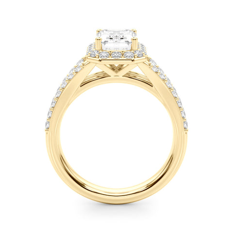 Yellow gold Radiant-Cut Halo Split Shank Diamond Ring with Four-Prong Setting