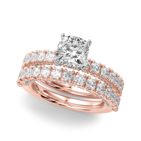 Rose gold Cushion Diamond Pavé Band Solitaire Ring with Four-Prong Setting