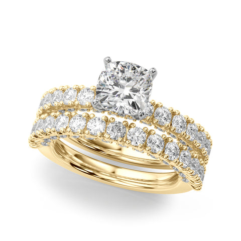 Yellow gold Cushion Diamond Pavé Band Solitaire Ring with Four-Prong Setting